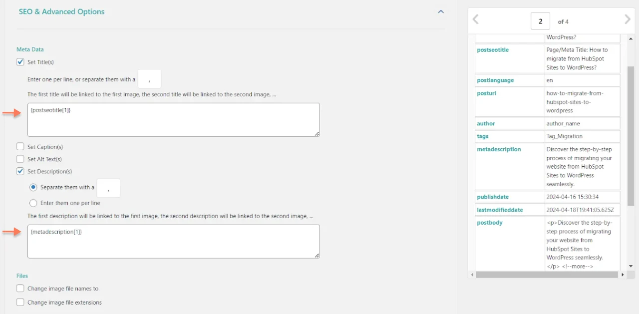 Import seo parameters